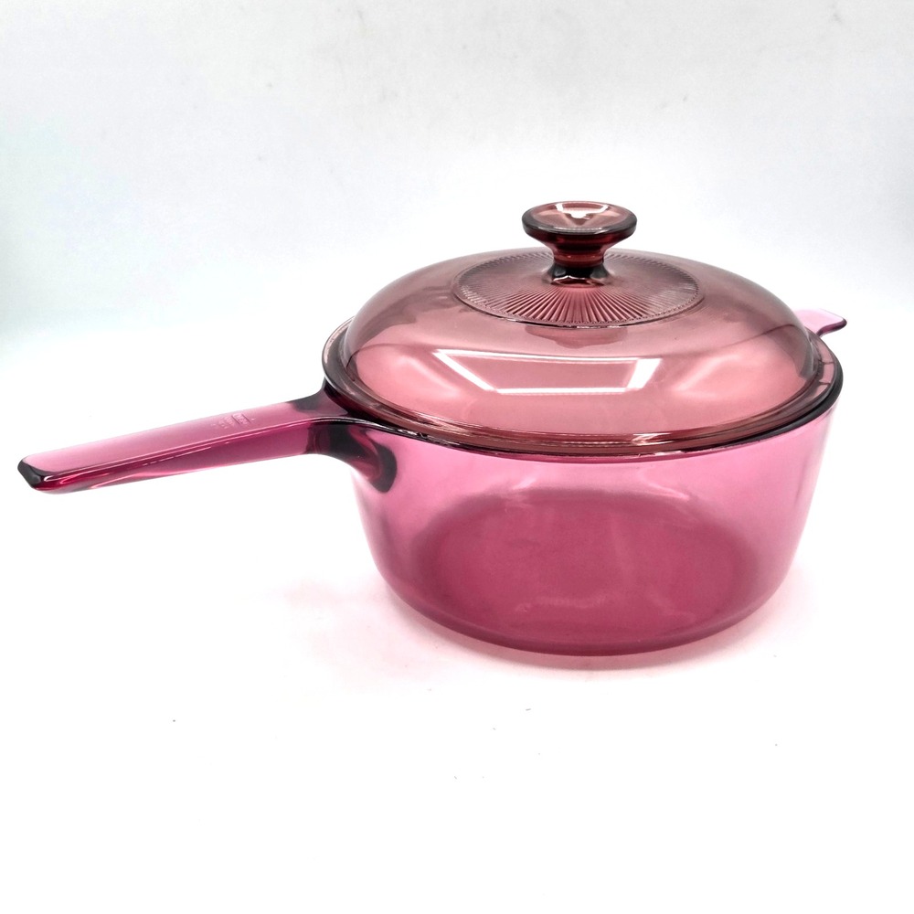 CORNING VISIONS CRANBERRY GLASS COOKWARE 2.5L W/ PYREX LID PURPLE PAN POT